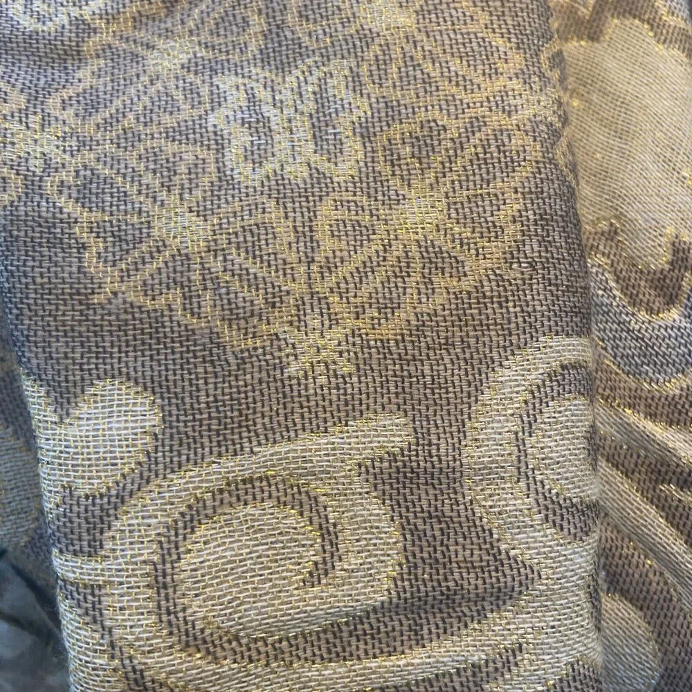 GOLD GLAM Metallic Thread Large Shawl Scarf With Tassels And Butterfly Print